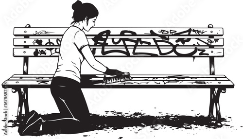 Woman cleaning graffiti from a park bench in black and white ill