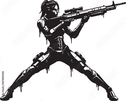 Futuristic warrior aiming with a sniper rifle in monochrome batt