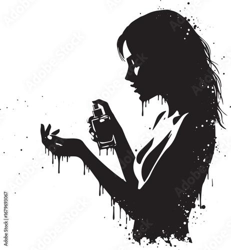 Abstract monochrome depiction of woman applying perfume with spr