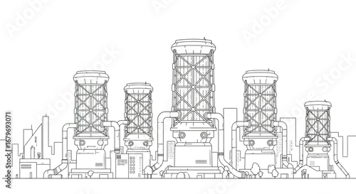 Futuristic industrial skyline with cooling towers in linear style