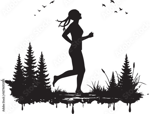 Silhouette of a woman running in nature with trees and flying bi
