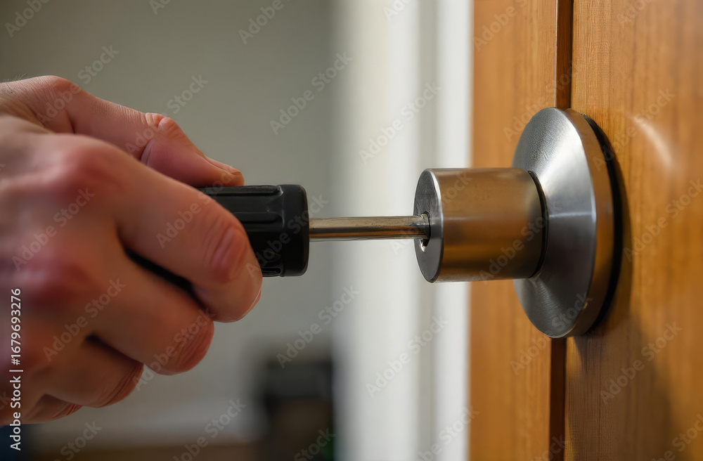 Fototapeta premium Locksmith repairing door lock with screwdriver. Male hand with screwdriver fixing door lock. Concept of locksmith service, repair, installation and security.