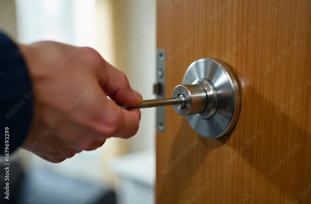 Fototapeta premium Close-up of locksmith’s hand fixing lock mechanism in wooden door with screwdriver. Concept of repair, installation and home security.