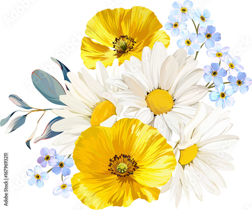 Beautiful vector bouquet of flowers. Summer and spring bright flowers. Blossom and flowers for decoration