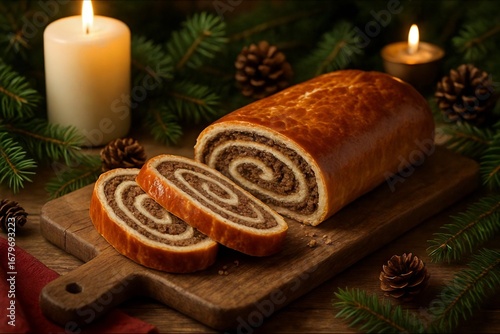 Traditional Hungarian bejgli cake with walnut filling on a festive Christmas table