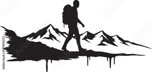 Silhouette of a hiker with backpack against a mountain backdrop