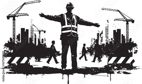 Construction supervisor directing pedestrian traffic around urba