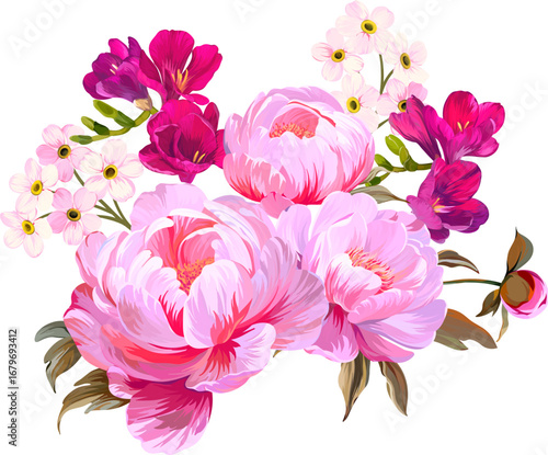 Beautiful vector bouquet of flowers. Summer and spring bright flowers. Blossom and flowers for decoration