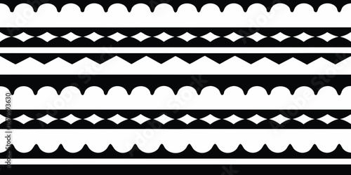 Seamless black and white geometric border patterns with scalloped and diamond shapes