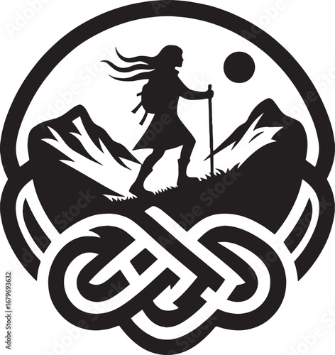 Silhouette of a Female Hiker in a Mountain Landscape with Celtic Knot Design Element