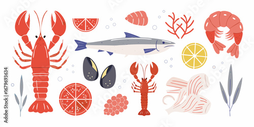 Assortment of fresh seafood and ocean ingredients illustrated in a flat design style