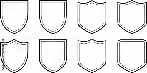 Collection of eight diverse shield outlines in a clean black and white graphic design