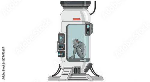 Futuristic cryogenic chamber with human figure in digital art style