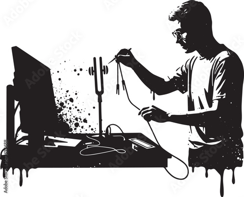 Abstract monochrome illustration of sound engineer calibrating m
