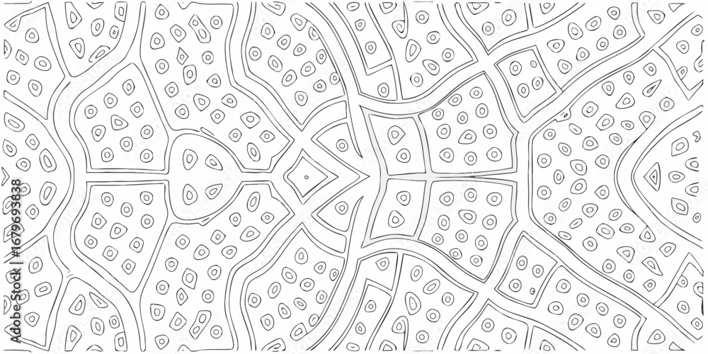 Obraz premium Abstract organic pattern with repeating circles and irregular shapes in black and white outline
