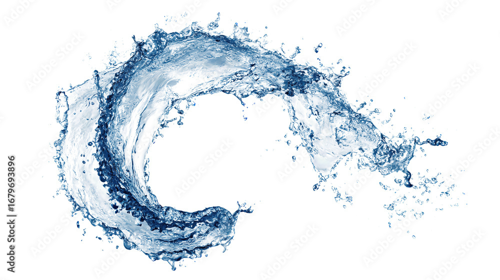 Obraz premium A crescent-shaped water splash with blue tones, droplets and foam in frozen motion, isolated on transparent background. 