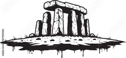 Striking megalithic monument rendered in black and white illustr