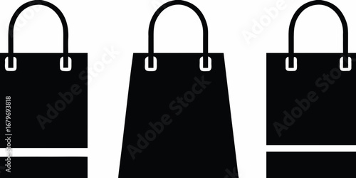 Three black shopping bags with handles on a white background representing commerce and retail
