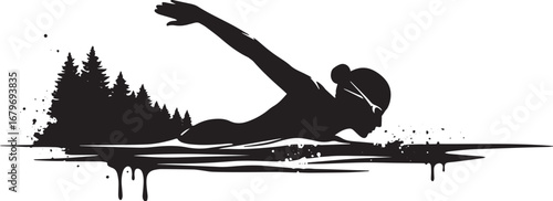 Serene swimmer: silhouette of a woman in motion amidst tranquil