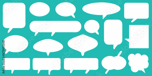 Collection of various white speech bubbles and thought bubbles on a teal background