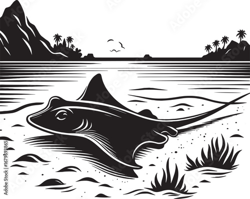 Black and white illustration of a stingray in the ocean near a tropical island