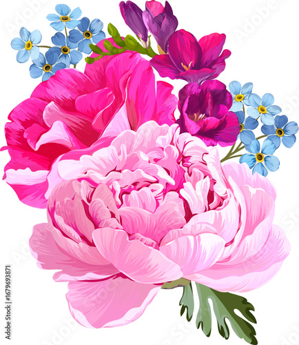 Beautiful vector bouquet of flowers. Summer and spring bright flowers. Blossom and flowers for decoration