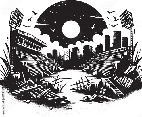 Monochromatic illustration of a decaying stadium with a city skyline and birds flying in the sky