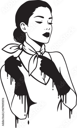 Elegant woman adjusting scarf with dripping gloves in monochrome