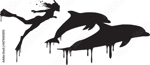 Dolphin Dreams: A Snorkeler's Monochrome Underwater Encounter Si