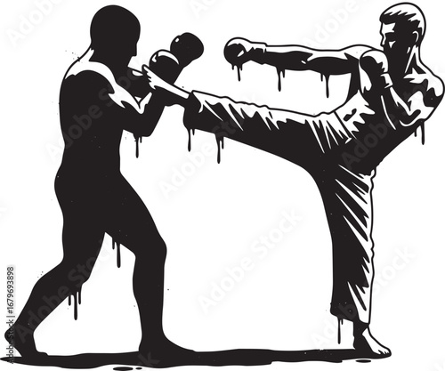 Dynamic martial arts combat illustration with dripping paint eff