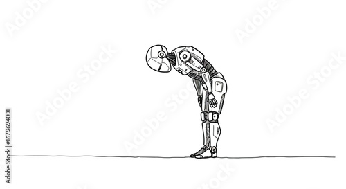 Minimalist line art of bending robot in futuristic tech pose