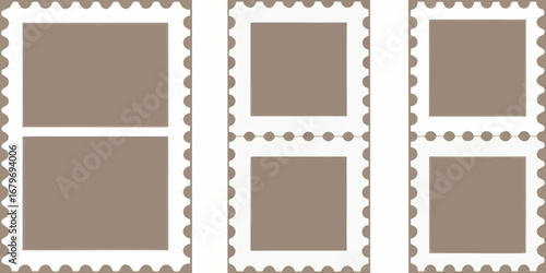 Collection of six blank postage stamp frames with perforated edges and brown fill for customization