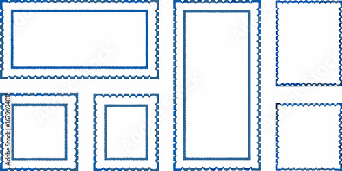 Collection of decorative blue postage stamp frames in various sizes and orientations