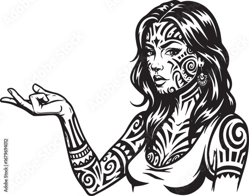 Monochrome woman with tribal tattoos offering a presentation con