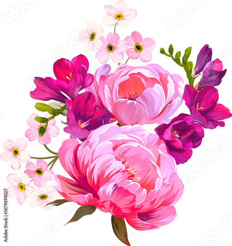 Beautiful vector bouquet of flowers. Summer and spring bright flowers. Blossom and flowers for decoration