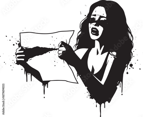 Distressed woman tearing paper with emotional heartbreak concept