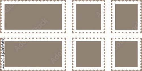 Collection of six blank postage stamp frames with perforated edges on a neutral background