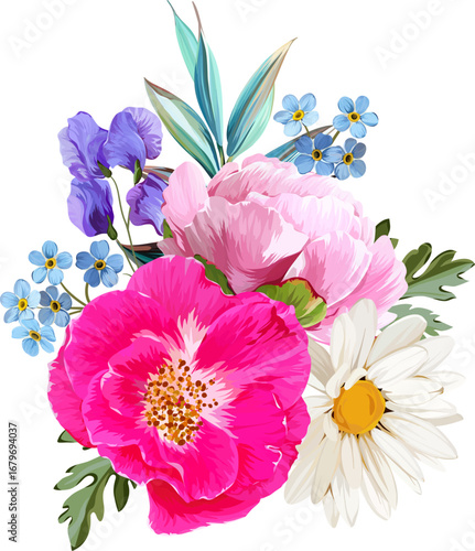 Beautiful vector bouquet of flowers. Summer and spring bright flowers. Blossom and flowers for decoration
