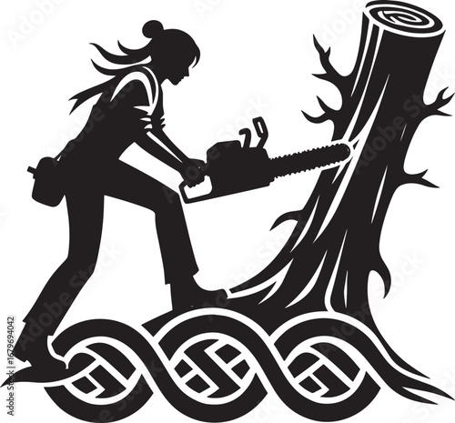 Silhouette of a Female Lumberjack Using a Chainsaw to Cut Down a Tree Trunk Design
