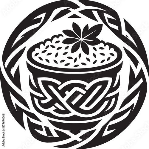 Intricate black and white illustration of a Celtic bowl filled with grains and a leaf