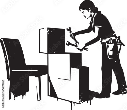 Woman assembling furniture with wrenches, black and white graphi