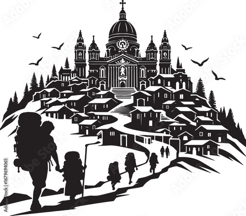 Black and White Illustration of Pilgrims Hiking Toward a Grand Church on a Hill