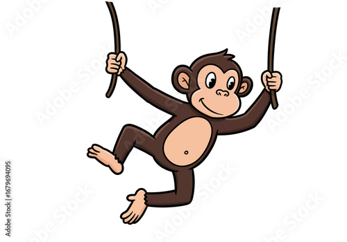 Cartoon Monkey Swinging on Vines Illustration.
