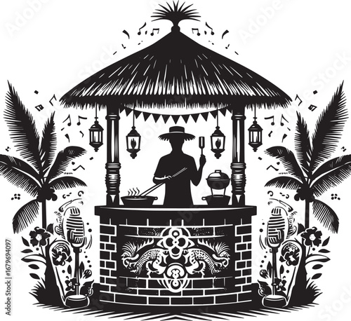 Black and white illustration of a tropical outdoor barbecue scene with music and palm trees