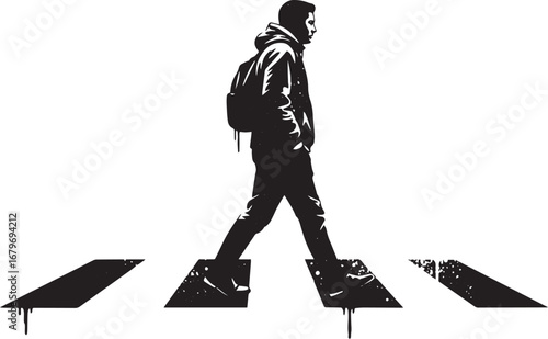 Stylized monochrome illustration of a pedestrian crossing the st