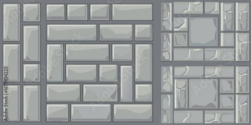 Seamless pattern of various grey stone blocks and rough cut stone textures for game design