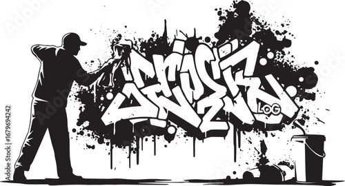 Expressive monochrome illustration of an artist painting graffit