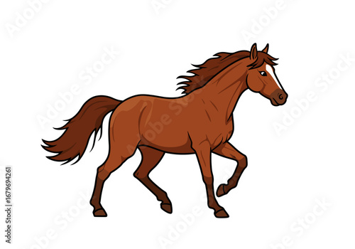 Brown Horse Illustration in Motion on White Background.