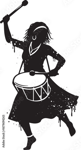 Silhouette of woman playing traditional drum with dynamic splatt