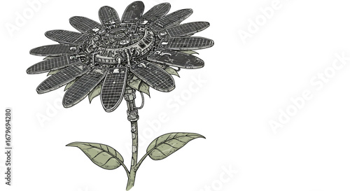 Futuristic solar powered flower with mechanical details in engraved style